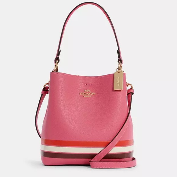 Coach Handbags - Coach Pink Small Town Bucket Bag Colorblock Stripe Red White Confetti Pink Mango